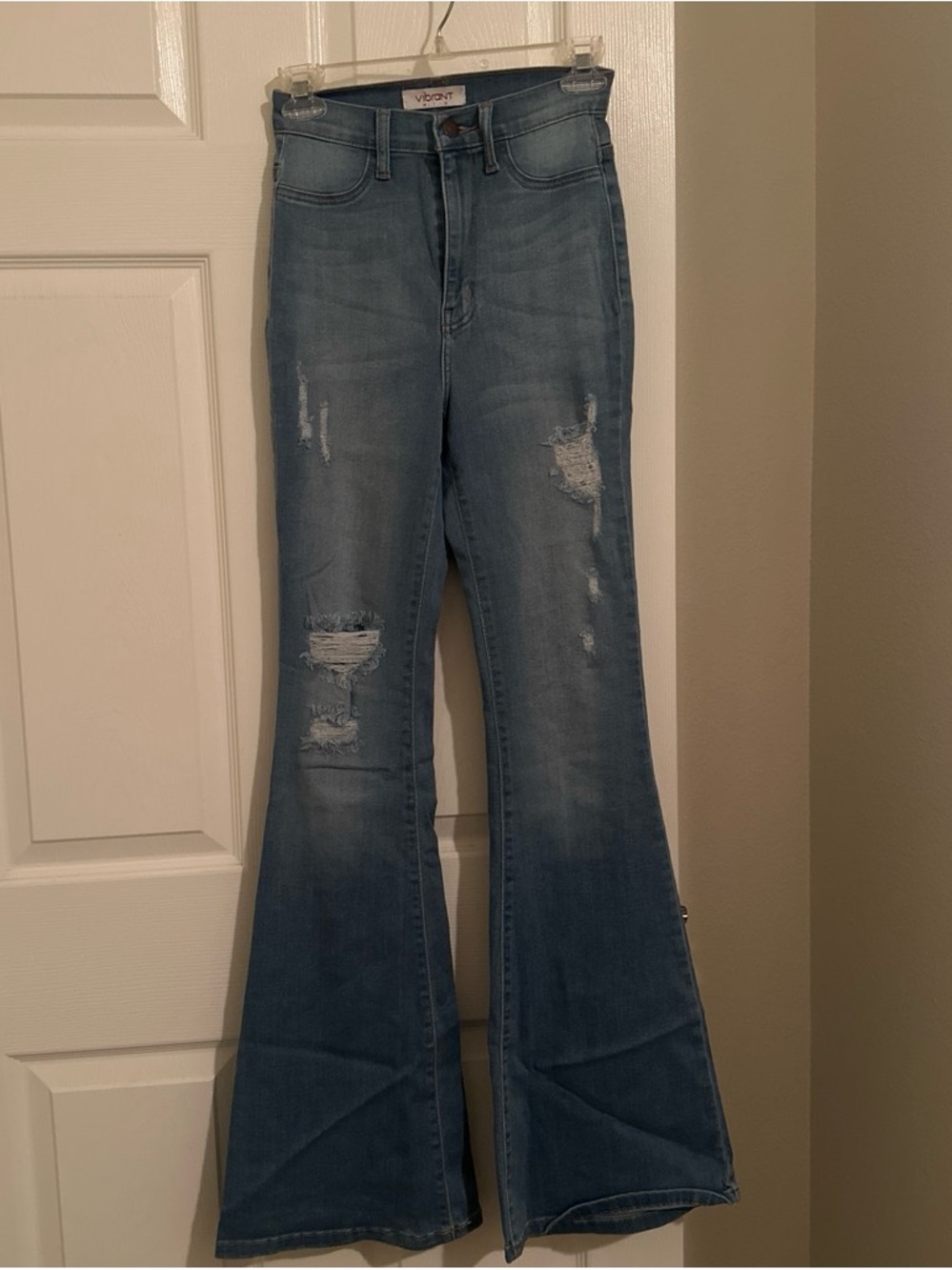 Vibrant Light Blue Distressed Flare Jeans